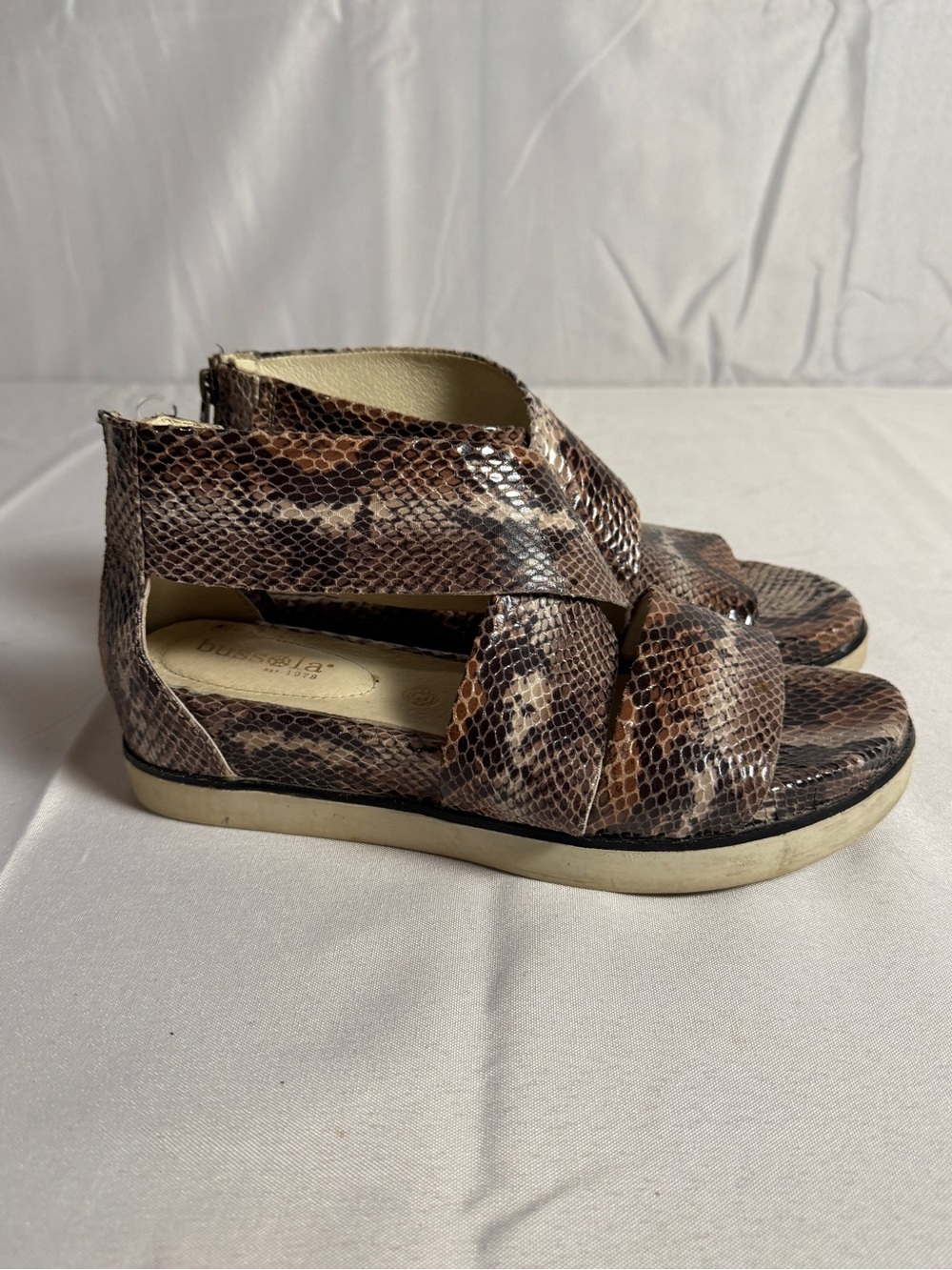 Bussola Snake Skin Leather Print Zip Up Sandals Size 38